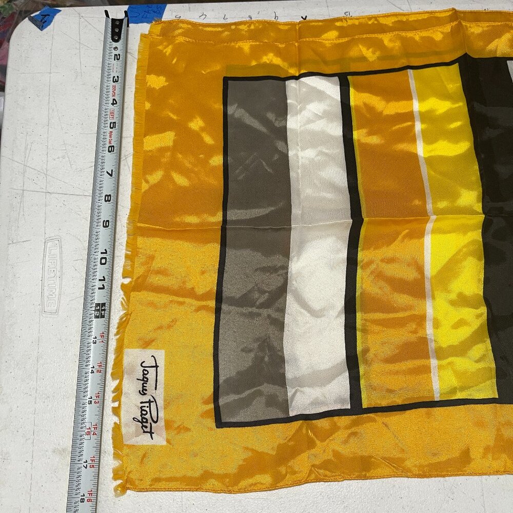 VINTAGE MADE IN ITALY YELLOW JAQUES PIAGET SCARF 100% POLYESTER 50" X 17.5" - Picture 3 of 3